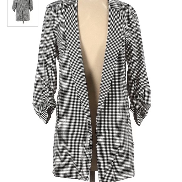 NWT Rachel Zoe black & white gingham, ruched sleeves, 2 pocket blazer, large - Picture 2 of 5